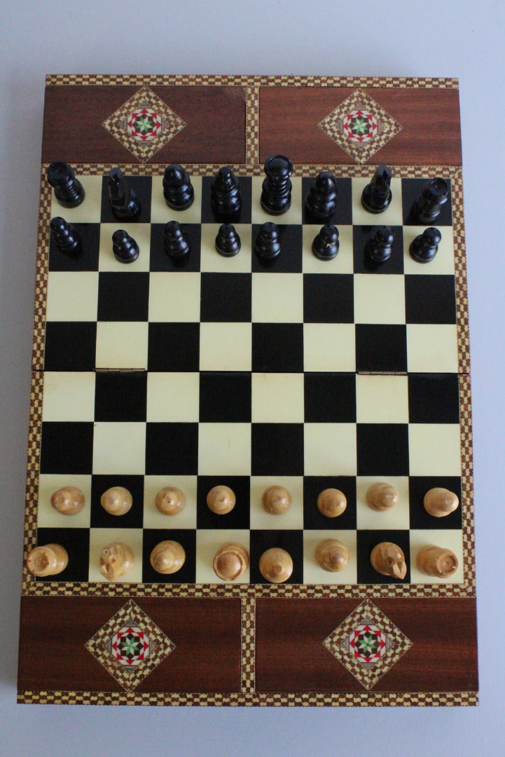 Vintage Marquetry Spanish Chess Board Set - Kernow Furniture