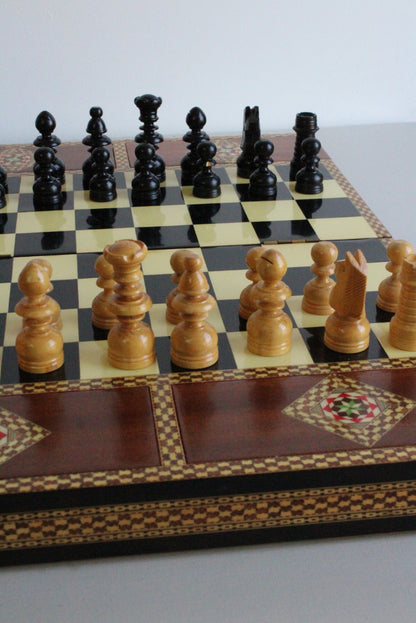 Vintage Marquetry Spanish Chess Board Set - Kernow Furniture