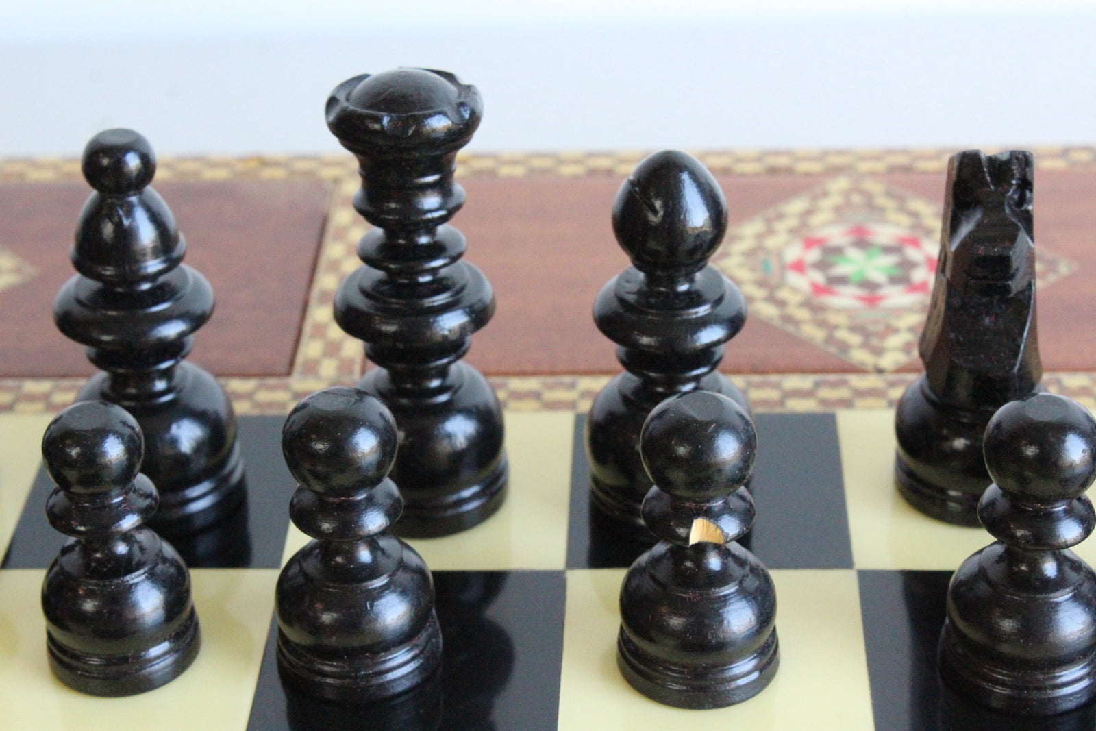 Vintage Marquetry Spanish Chess Board Set - Kernow Furniture