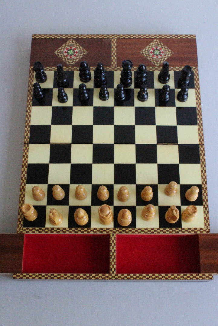 Vintage Marquetry Spanish Chess Board Set - Kernow Furniture