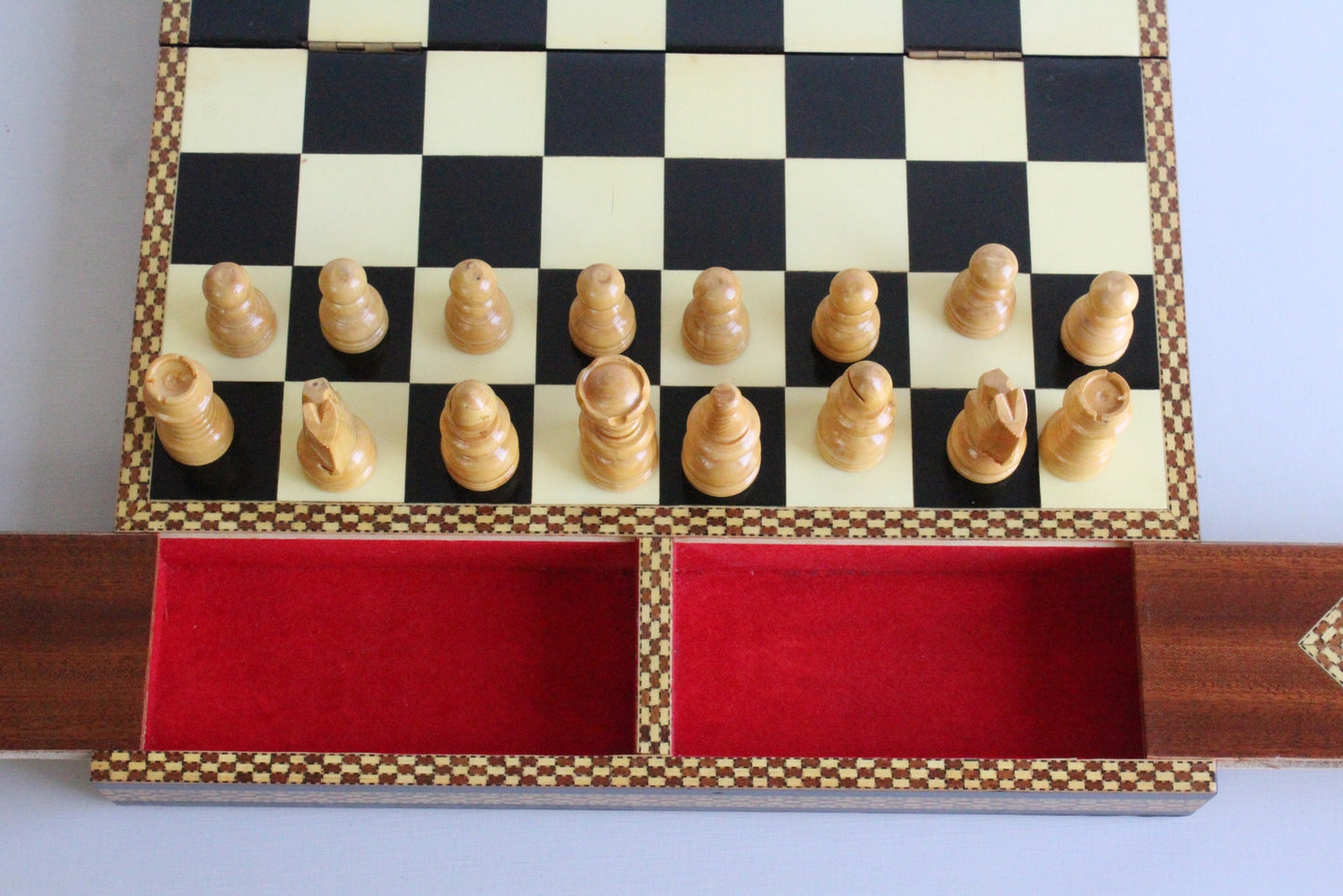 Vintage Marquetry Spanish Chess Board Set - Kernow Furniture