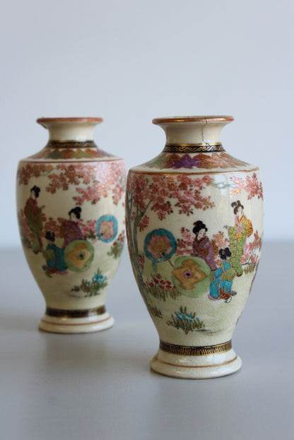 Pair Antique Japanese Satsuma Earthenware Vases - Kernow Furniture