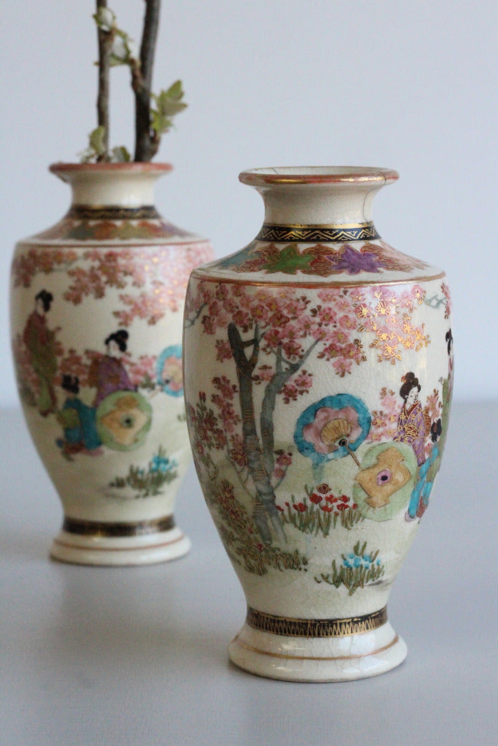 Pair Antique Japanese Satsuma Earthenware Vases - Kernow Furniture