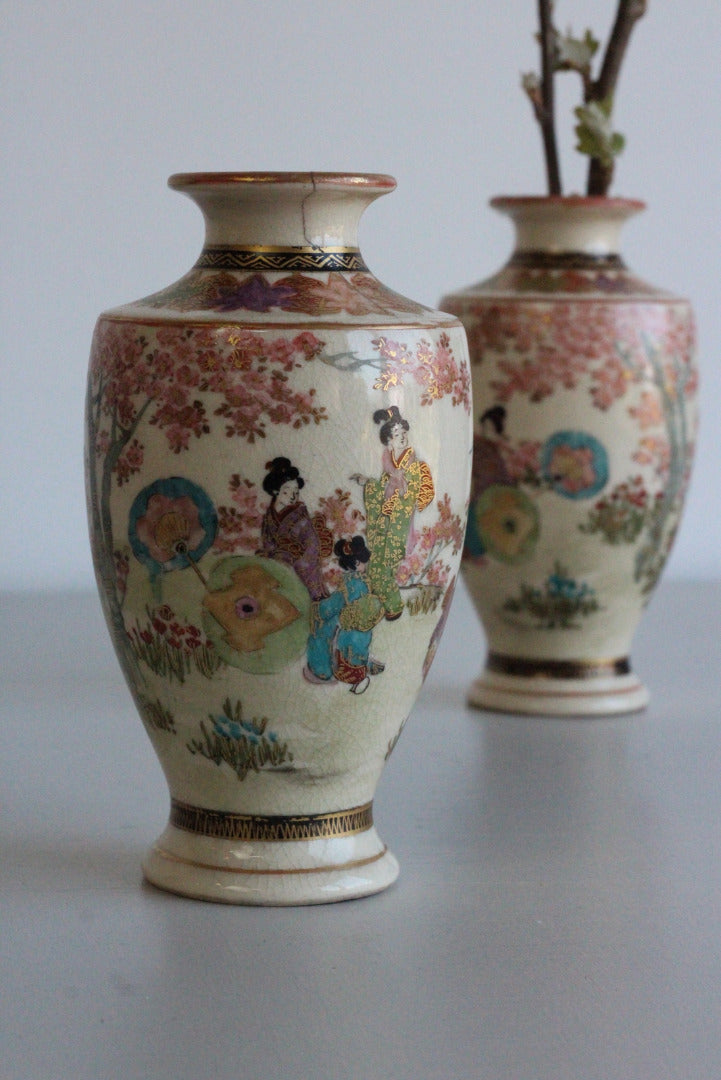 Pair Antique Japanese Satsuma Earthenware Vases - Kernow Furniture