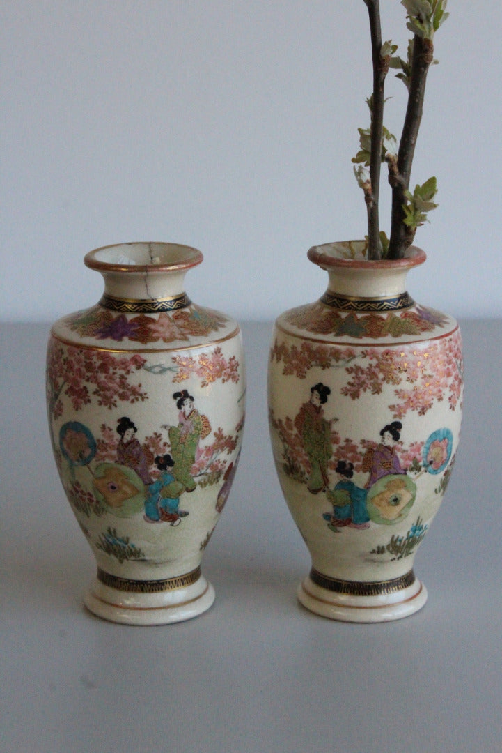 Pair Antique Japanese Satsuma Earthenware Vases - Kernow Furniture