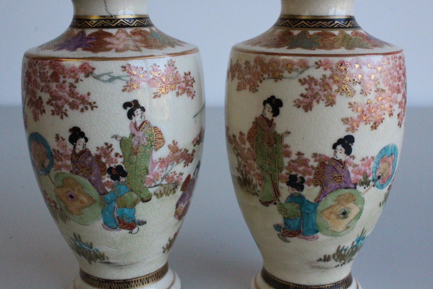 Pair Antique Japanese Satsuma Earthenware Vases - Kernow Furniture