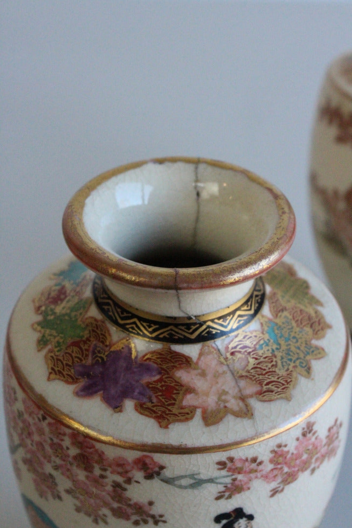 Pair Antique Japanese Satsuma Earthenware Vases - Kernow Furniture