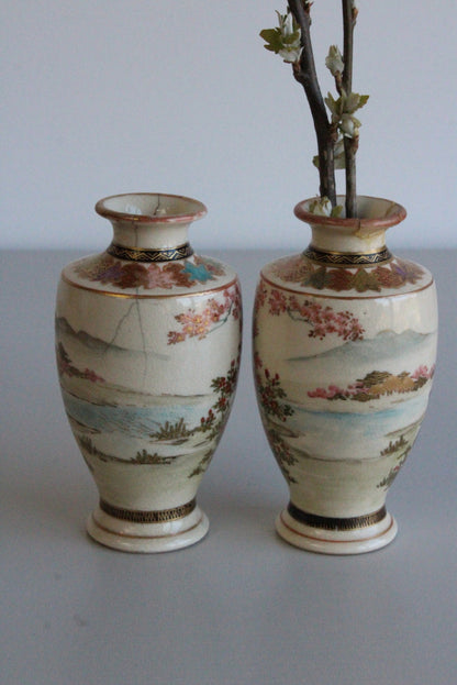 Pair Antique Japanese Satsuma Earthenware Vases - Kernow Furniture