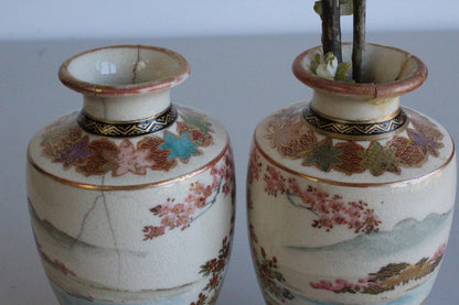 Pair Antique Japanese Satsuma Earthenware Vases - Kernow Furniture