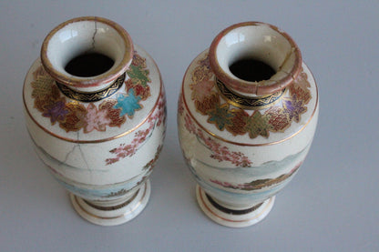 Pair Antique Japanese Satsuma Earthenware Vases - Kernow Furniture