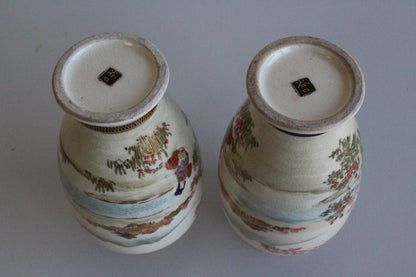 Pair Antique Japanese Satsuma Earthenware Vases - Kernow Furniture