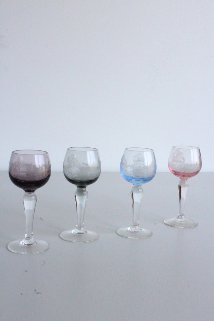 4 Vintage Coloured Glass Liquer Glasses - Kernow Furniture