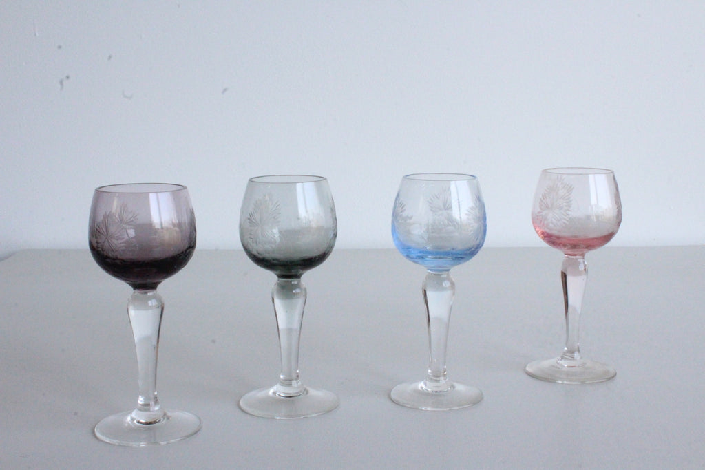 4 Vintage Coloured Glass Liquer Glasses - Kernow Furniture