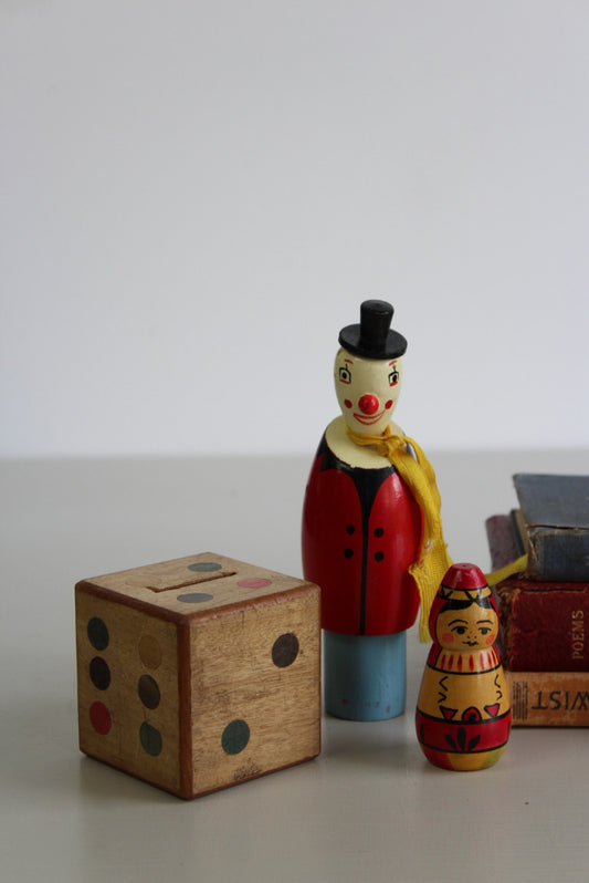 Vintage Childs Money Box Wooden Clown - Kernow Furniture