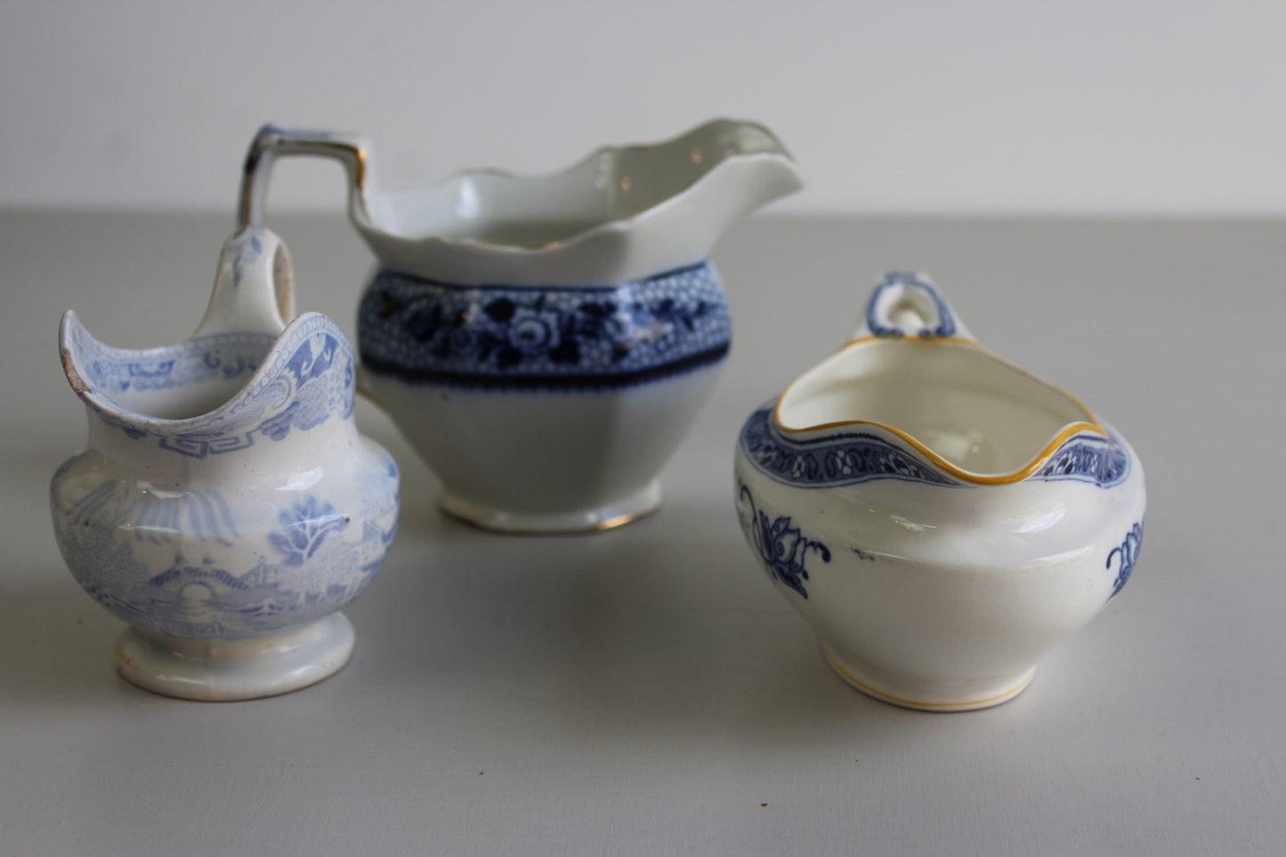 3 Vintage Blue & White Jugs - Kernow Furniture