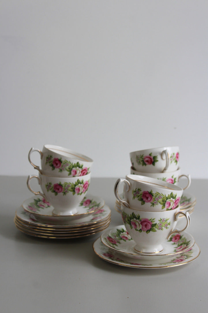 6 Colclough Rose Bone China Cups Saucers - Kernow Furniture