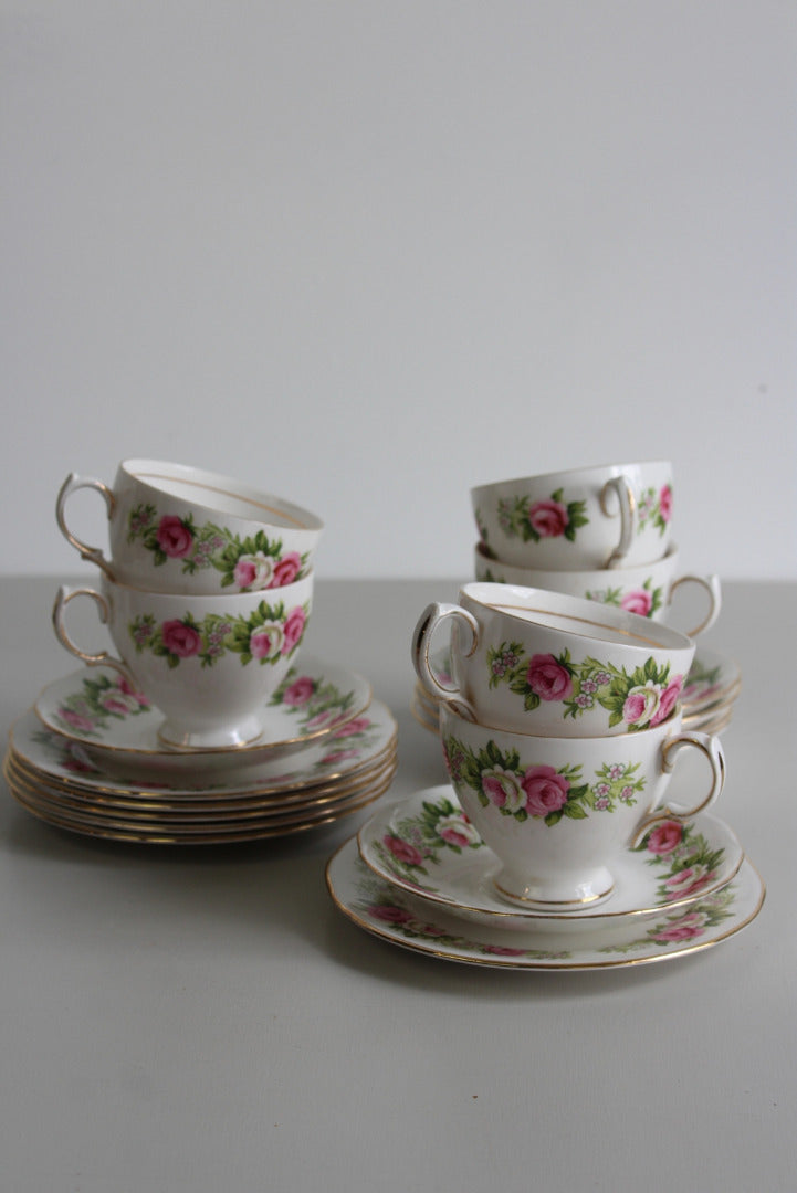 6 Colclough Rose Bone China Cups Saucers - Kernow Furniture