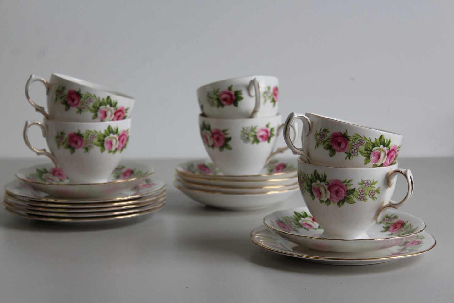 6 Colclough Rose Bone China Cups Saucers - Kernow Furniture