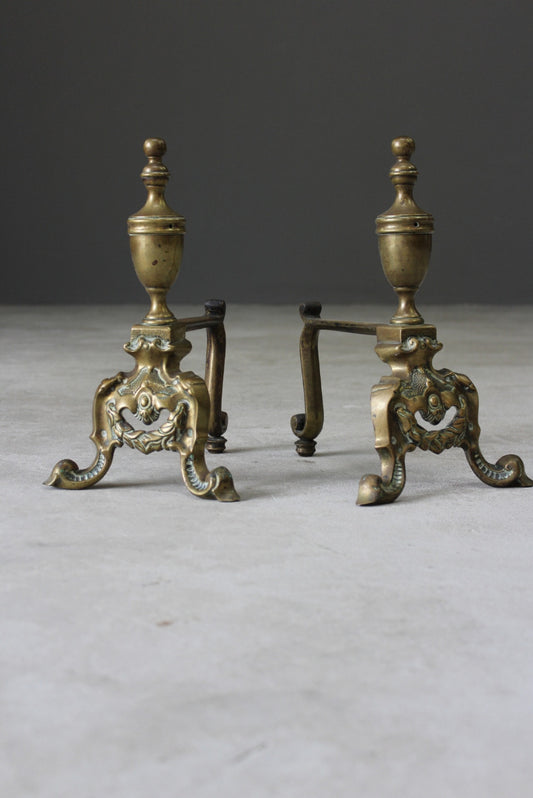 Pair Antique Ornate Brass Fire Dogs - Kernow Furniture