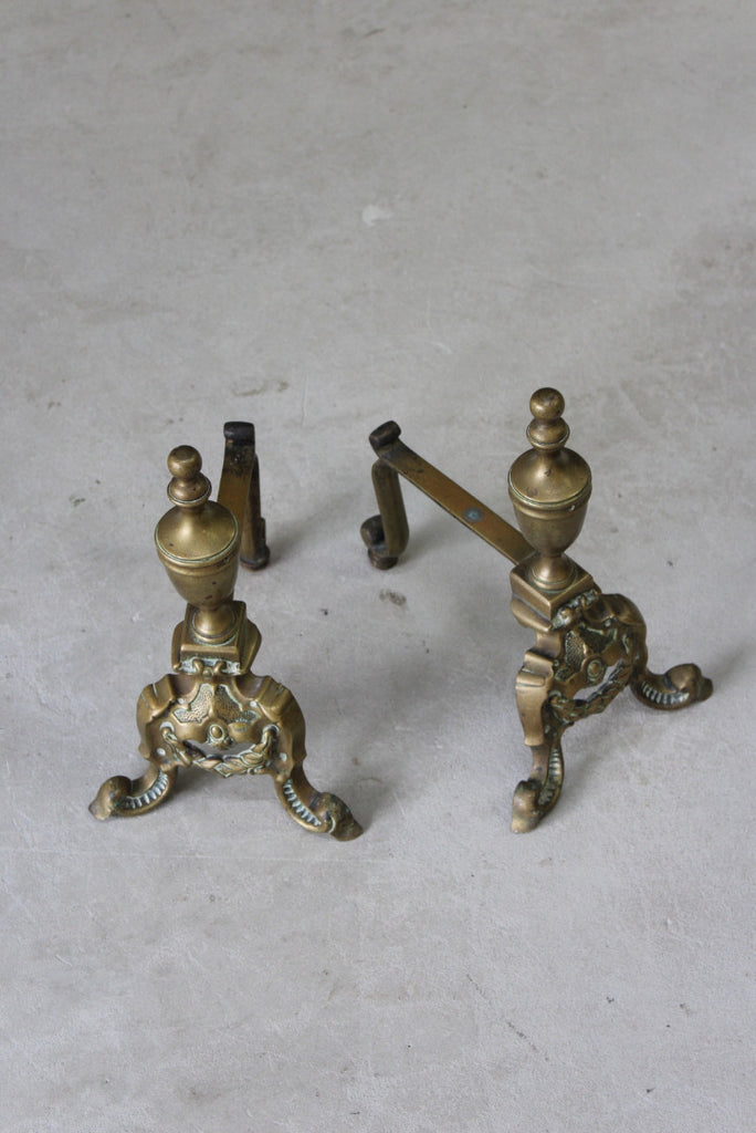 Pair Antique Ornate Brass Fire Dogs - Kernow Furniture