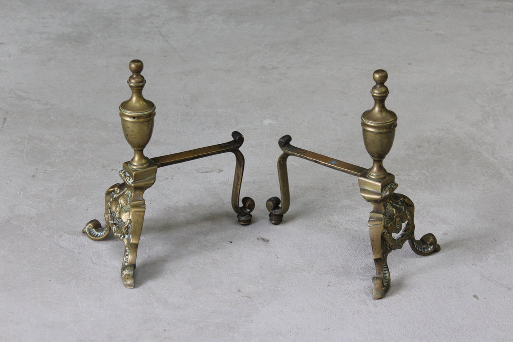 Pair Antique Ornate Brass Fire Dogs - Kernow Furniture
