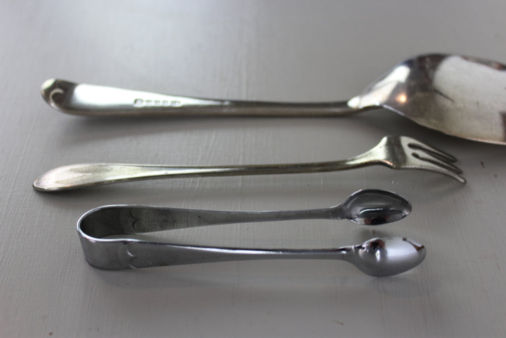 Vintage Cutlery EPNS fork spoon sugar tongs - Kernow Furniture