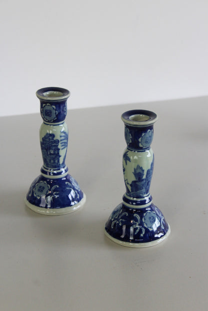 Pair Blue White Candlesticks - Kernow Furniture