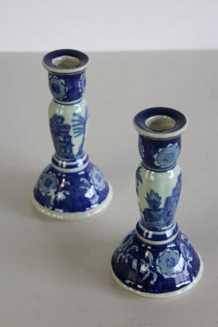 Pair Blue White Candlesticks - Kernow Furniture