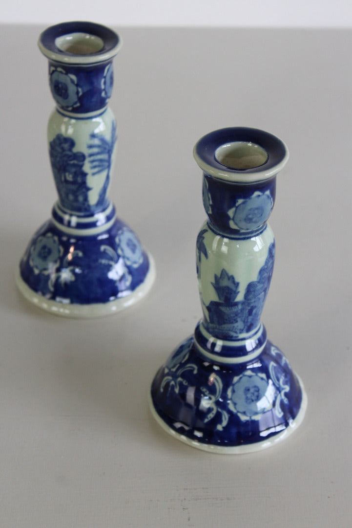 Pair Blue White Candlesticks - Kernow Furniture