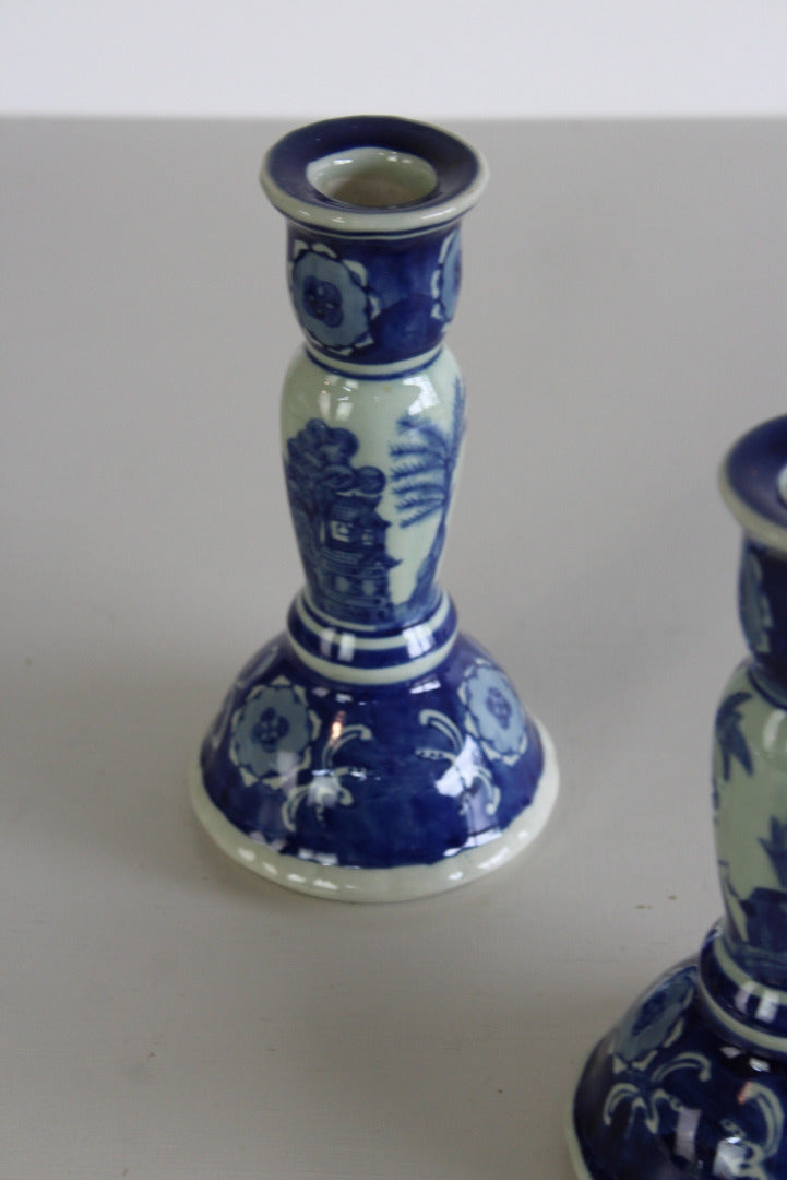 Pair Blue White Candlesticks - Kernow Furniture