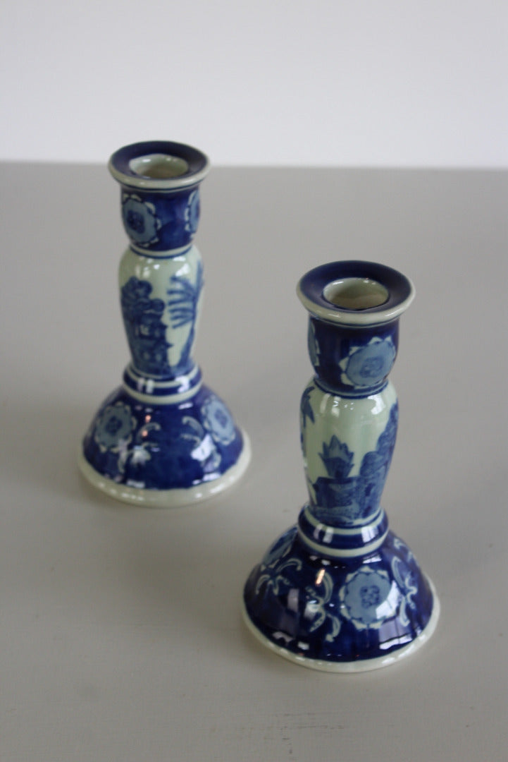 Pair Blue White Candlesticks - Kernow Furniture