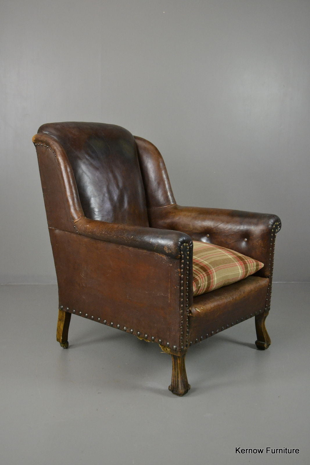 Antique Brown Leather Armchair - Kernow Furniture