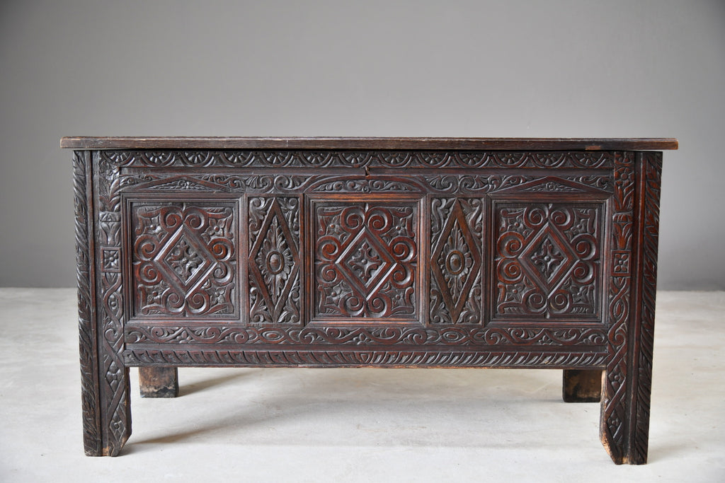 Antique 18th Century Carved Oak Coffer - Kernow Furniture