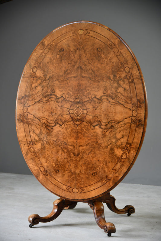 Victorian Inlaid Walnut Tilt Top Oval Table - Kernow Furniture