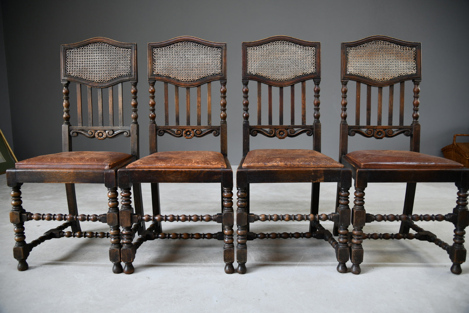 4 Victorian Oak Cane Dining Chairs - Kernow Furniture