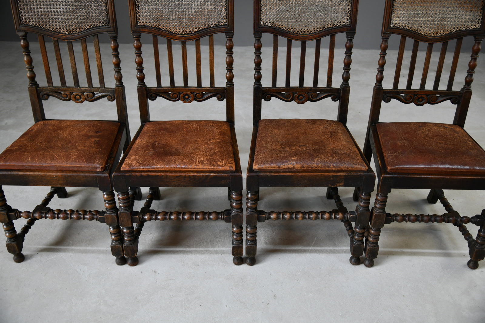 4 Victorian Oak Cane Dining Chairs - Kernow Furniture