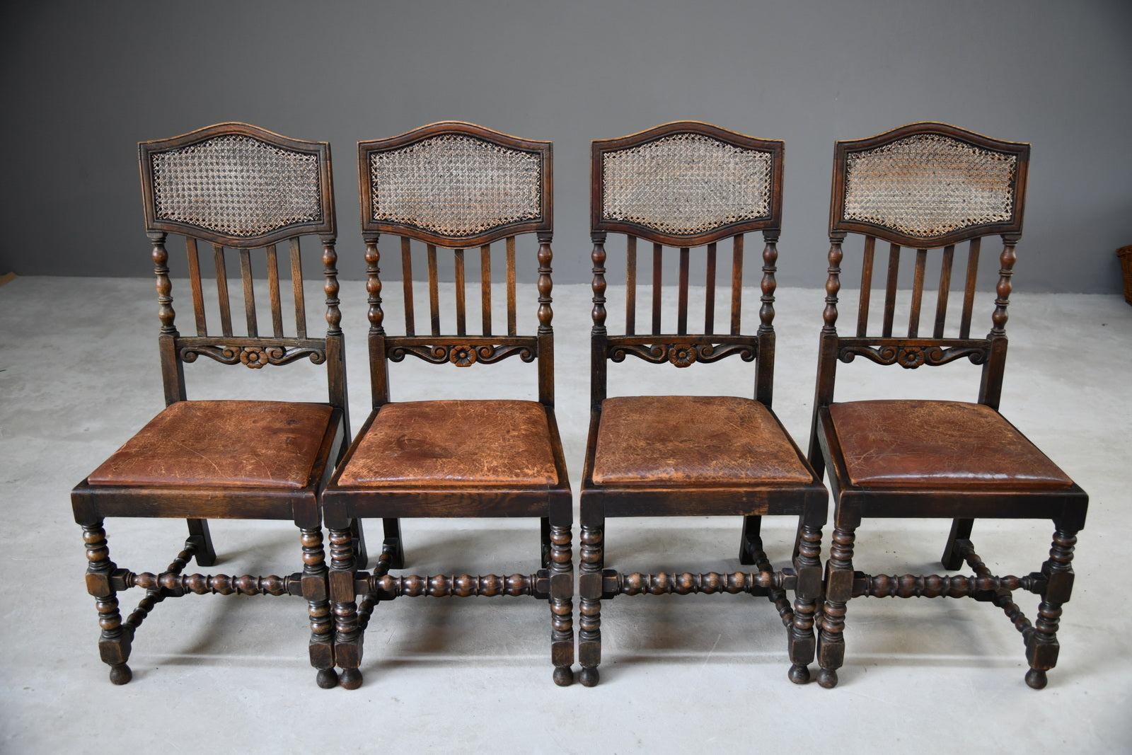 4 Victorian Oak Cane Dining Chairs - Kernow Furniture