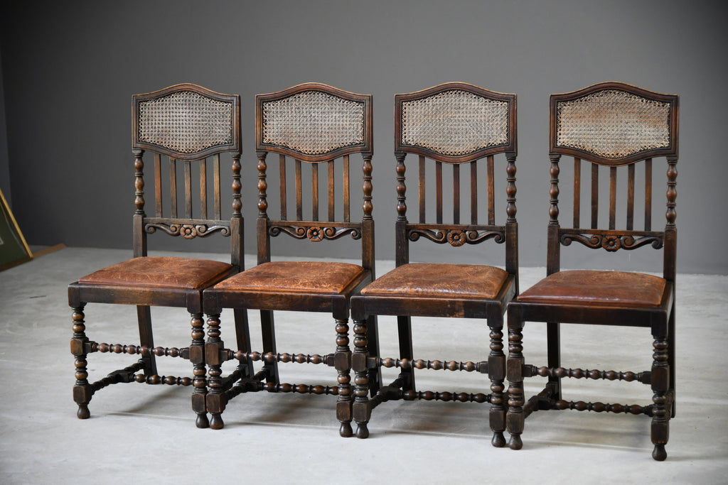 4 Victorian Oak Cane Dining Chairs - Kernow Furniture