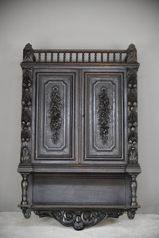 Antique Flemish Carved Oak Wall Cupboard Cabinet Dresser - Kernow Furniture