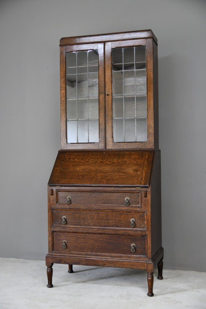 Oak Lead Glazed Bureau Bookcase - Kernow Furniture