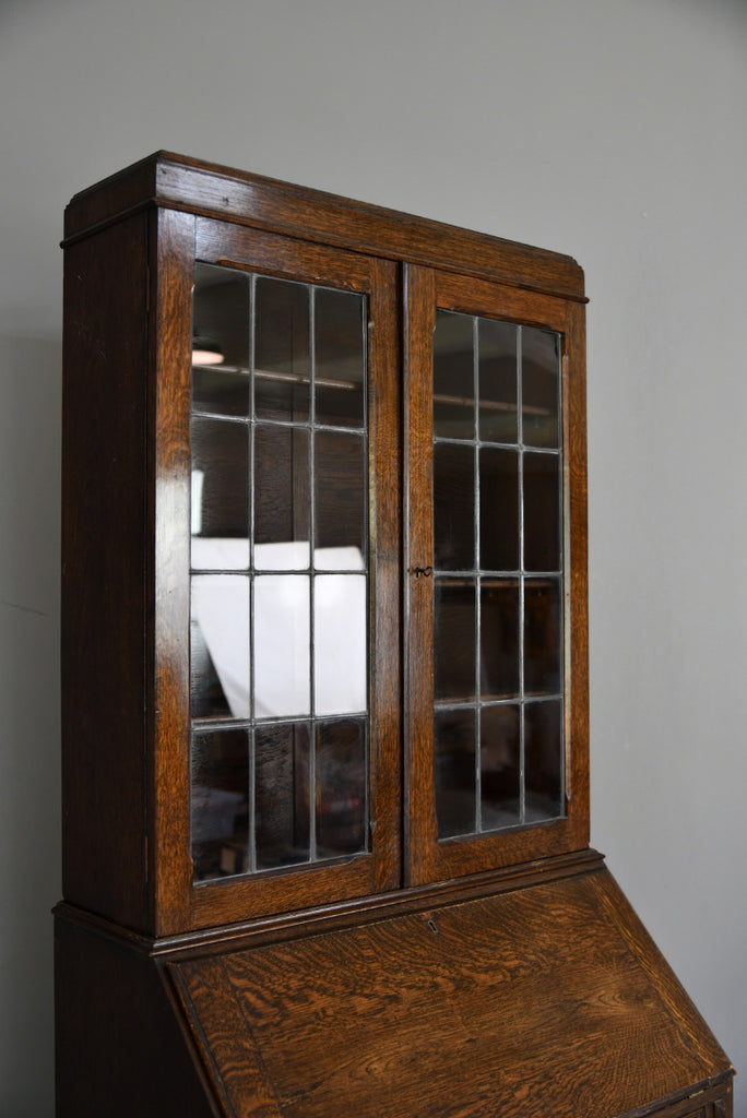 Oak Lead Glazed Bureau Bookcase - Kernow Furniture