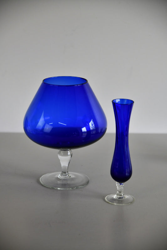 Pair Retro Blue Glass Vase - Kernow Furniture