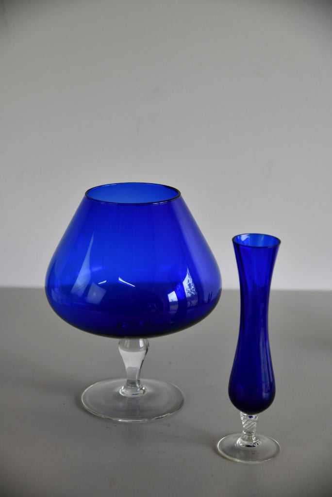 Pair Retro Blue Glass Vase - Kernow Furniture