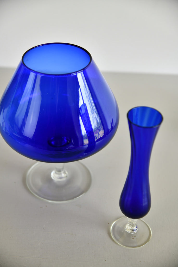 Pair Retro Blue Glass Vase - Kernow Furniture