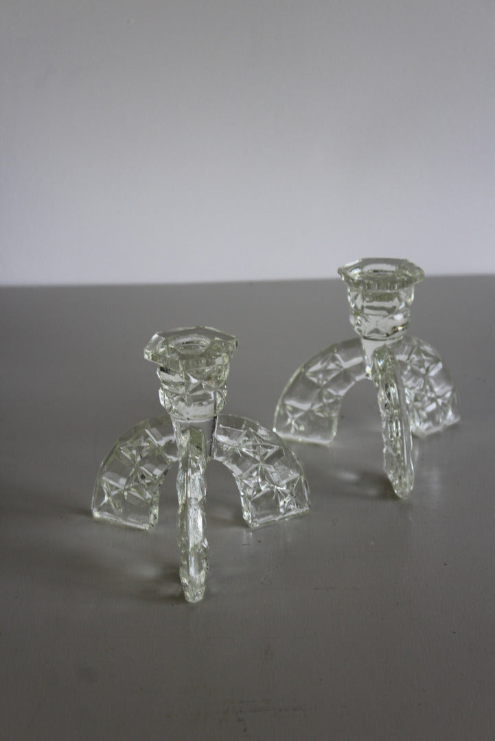 Pair Vintage Glass Candlesticks - Kernow Furniture