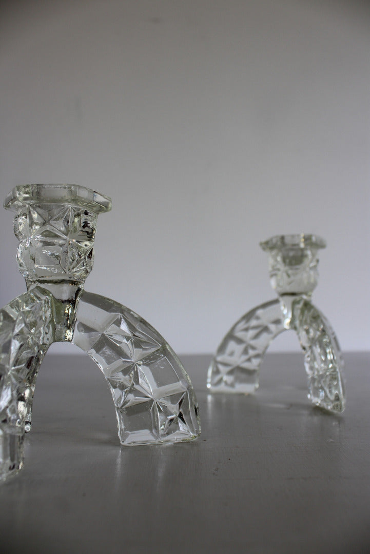 Pair Vintage Glass Candlesticks - Kernow Furniture