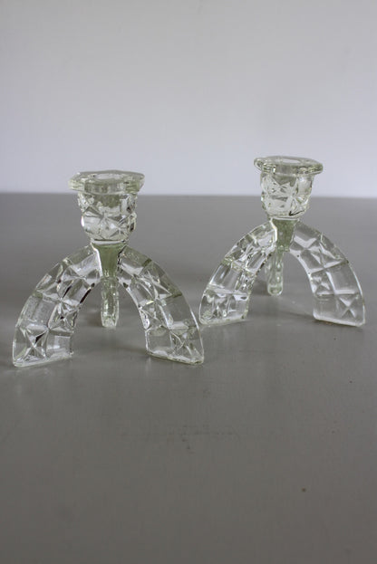 Pair Vintage Glass Candlesticks - Kernow Furniture