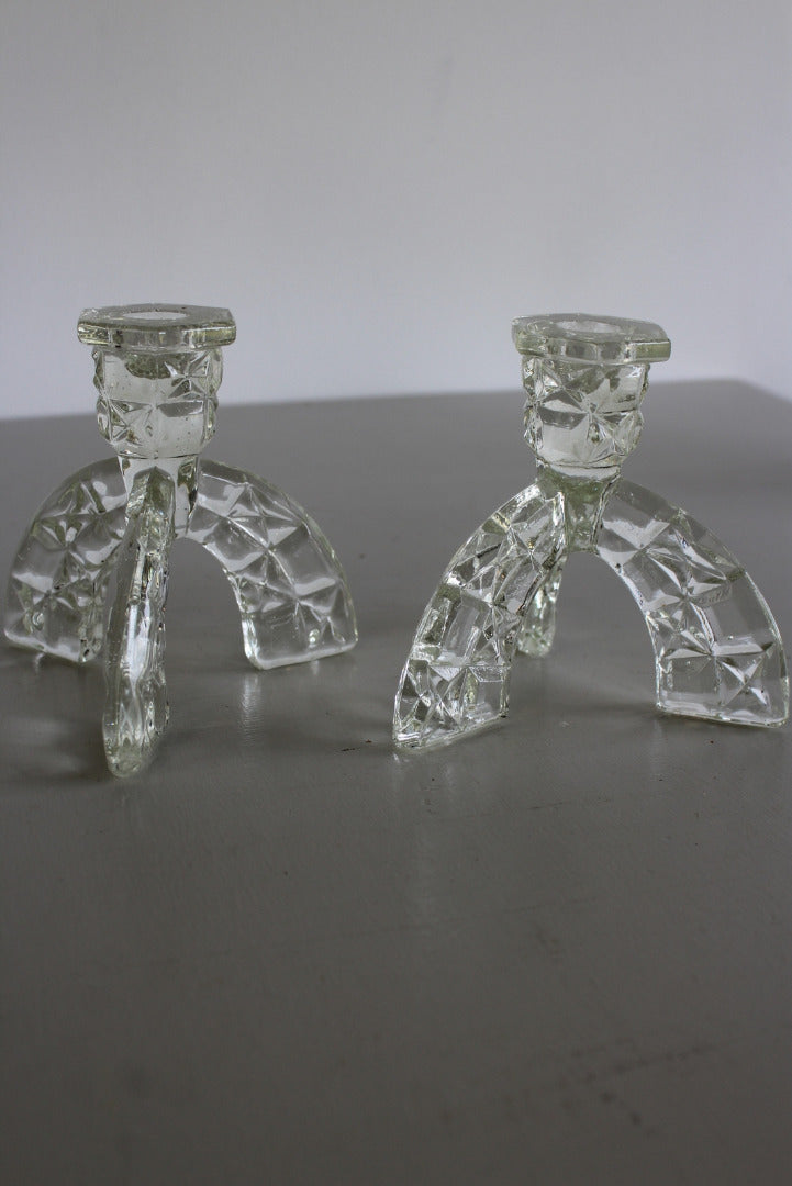 Pair Vintage Glass Candlesticks - Kernow Furniture