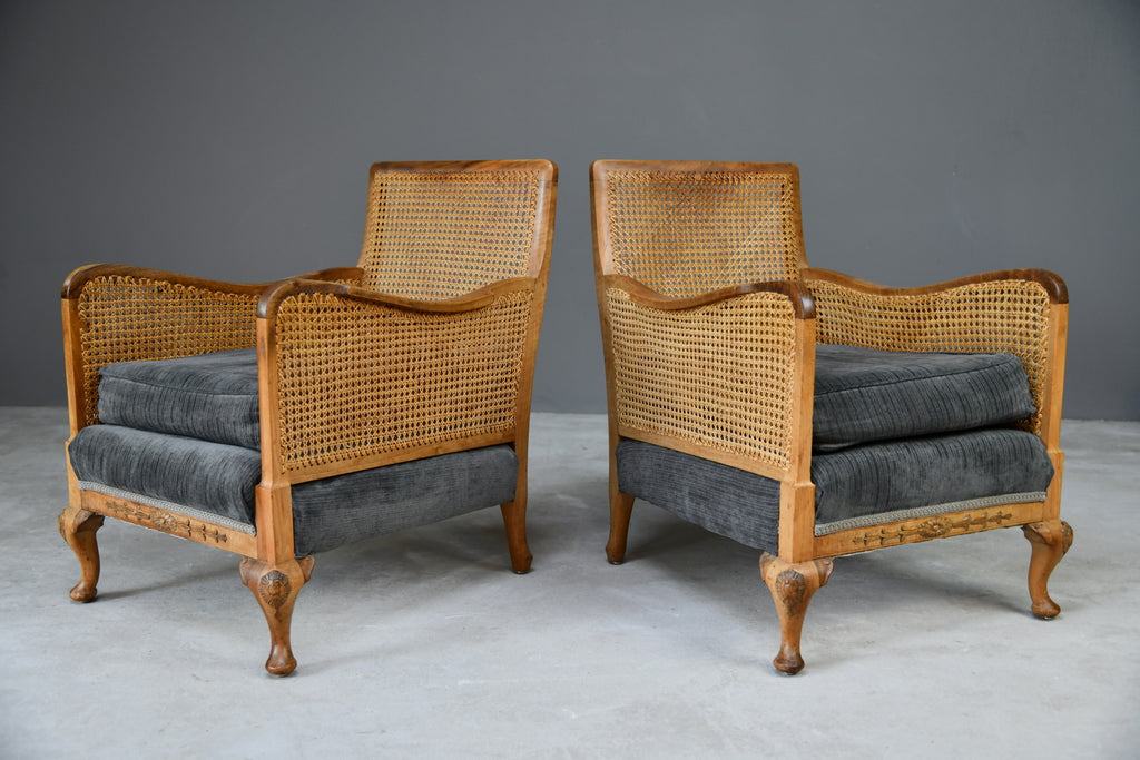 Pair Vintage Bergere Caned Armchairs - Kernow Furniture