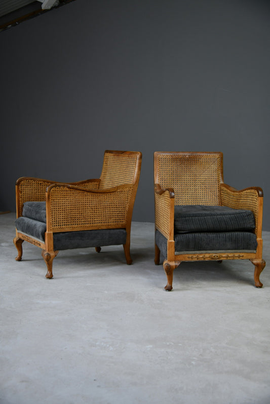 Pair Vintage Bergere Caned Armchairs - Kernow Furniture